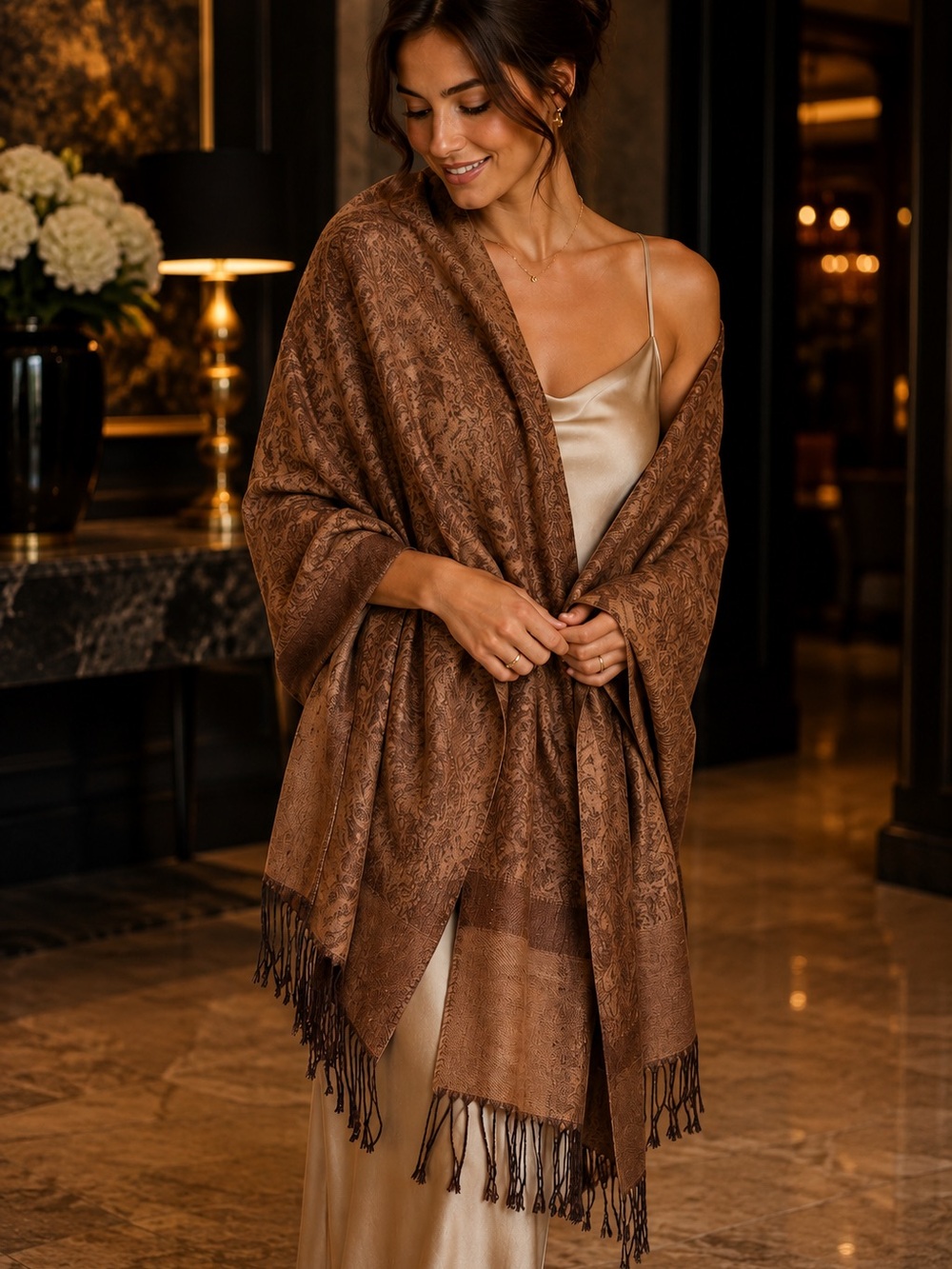 100% Pashmina Paisley Wrap Shawl Brown Fringe Oversized 27x74